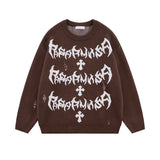 rainbowtouches men sweaters high street letter graffiti holes trendy pullover vintage loose knitted sweater spring and autumn - 2025 streetwear drop, bold artwork streetwear hoodie, trendy hip hop fashion hoodie