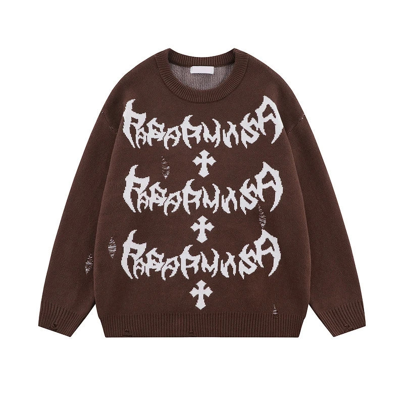 rainbowtouches men sweaters high street letter graffiti holes trendy pullover vintage loose knitted sweater spring and autumn - 2025 streetwear drop, bold artwork streetwear hoodie, trendy hip hop fashion hoodie