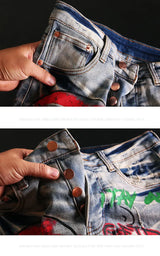 skull graffiti printed ripped denim jeans hip hop distressed biker jeans fashion streetwear slim pants joggers y2k men s jeans unique joggers style 307