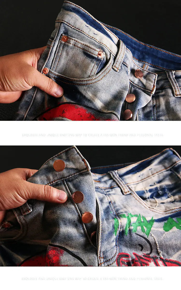 skull graffiti printed ripped denim jeans hip hop distressed biker jeans fashion streetwear slim pants joggers y2k men s jeans unique joggers style 307