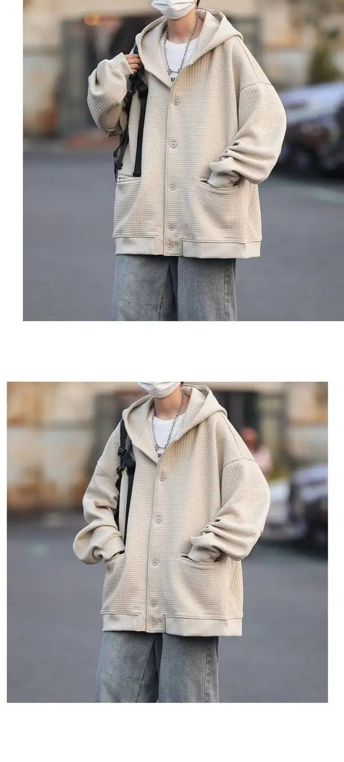 Korean Retro Y2K Waffle Hooded Jacket for Men and Women Ins Harajuku Style Casual Loose