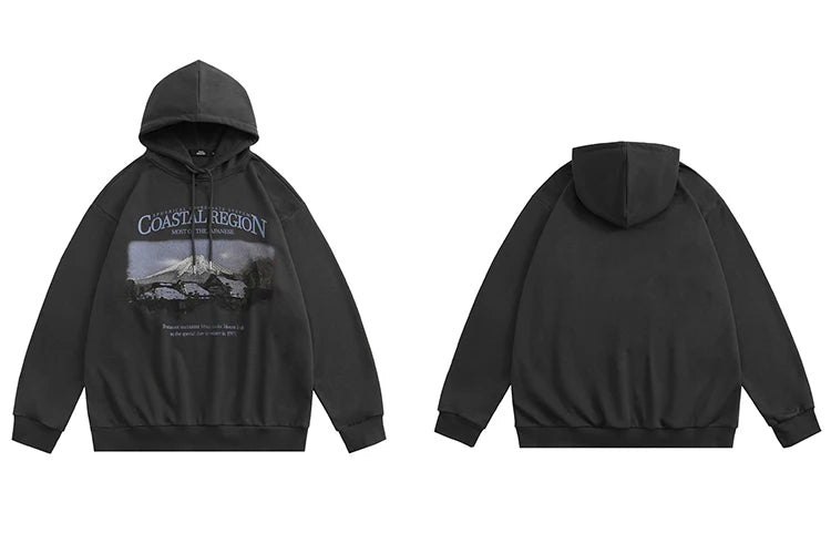 2023 Hoodie Sweatshirt Men Streetwear Retro Mountain Graphic Hooded Pu