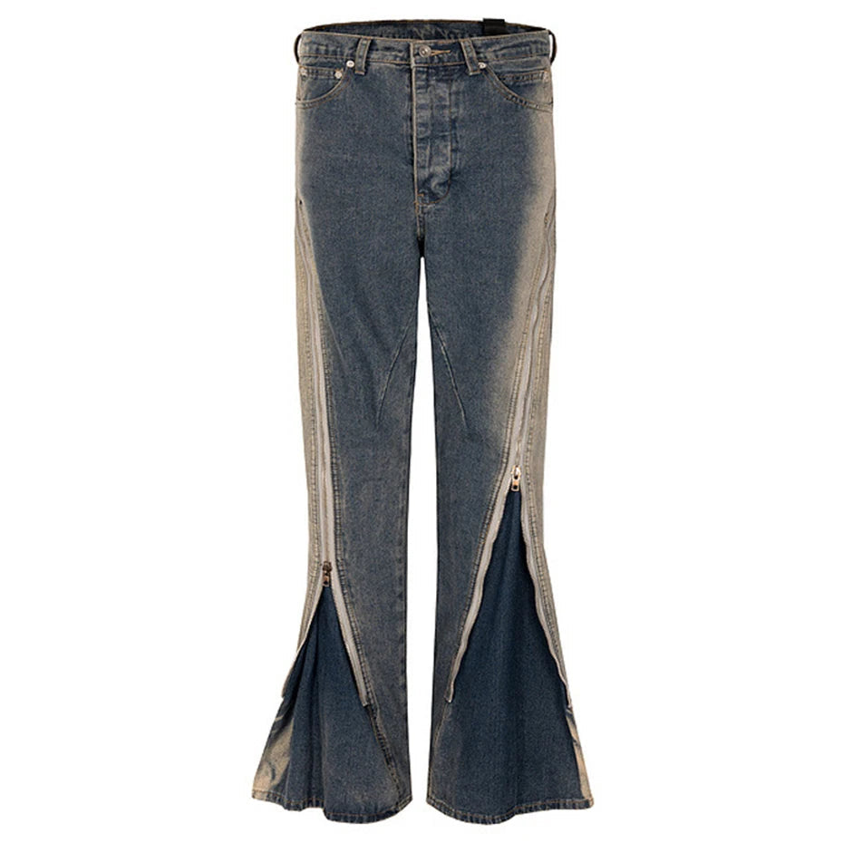 ro style men jeans double zipper blue flared denim pants luxury designer male streetwear hip hop blue baggy jeans trousers y2k stacked flare jeans