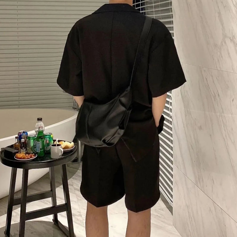 Men  Casual Suit Trendy New Neutral Solid Blazer Collar Shirts LGBT Design Short-sleeved Blouse Shorts Two-piece Set