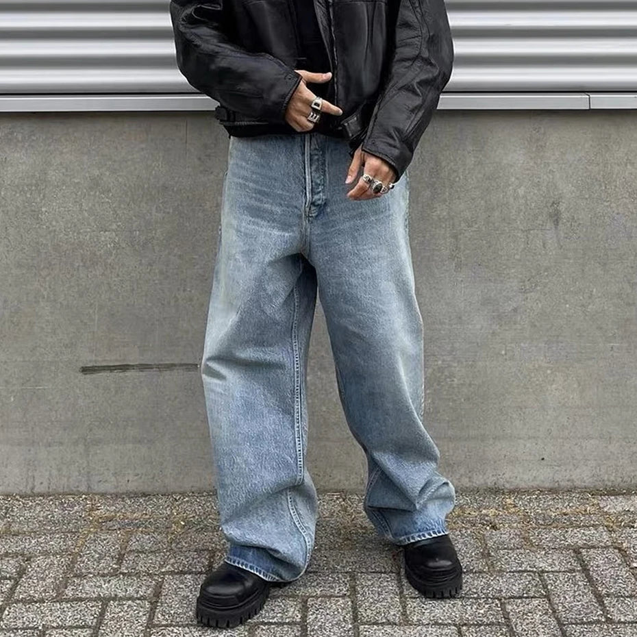 hi street blue jeans men loose wide leg denim pants vintage harajuku streetwear jeans trousers for male ripped baggy denim