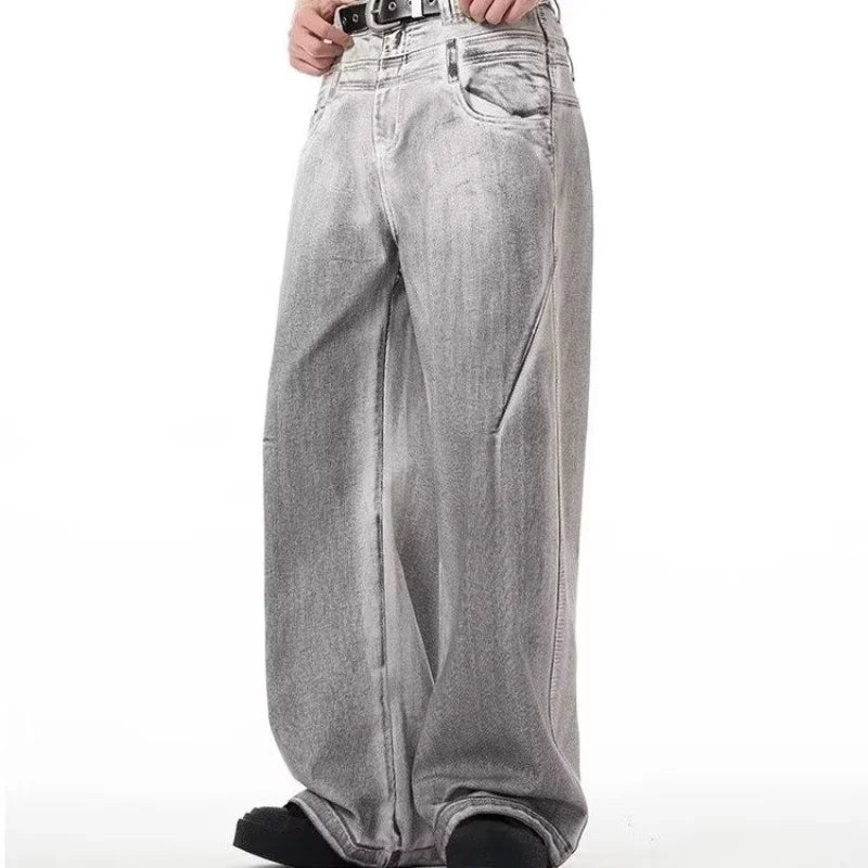 street mens jeans hip hop double waist head gradient smudging trend denim pants y2k 2024 new streetwear american cowboy trousers ripped baggy denim