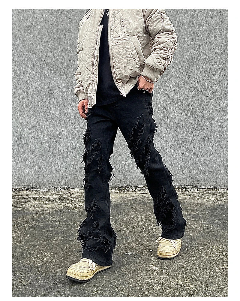 mens distressed ripped destroied tassel denim jean pants new fashion biker jeans streetwear flare pants joggers y2k men s jeans unique joggers style 3992