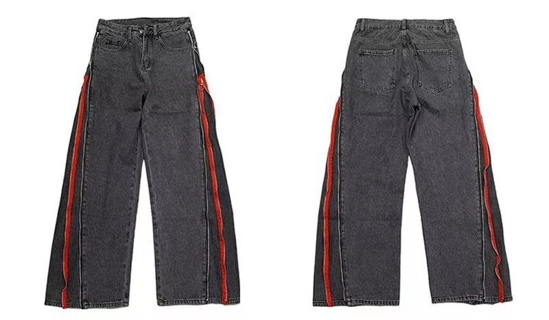 2023 cool design side zipper oversize hip hop men wide jeans pants y2k clothes straight loose punk denim trousers pantalon homme unique jeans style 1787