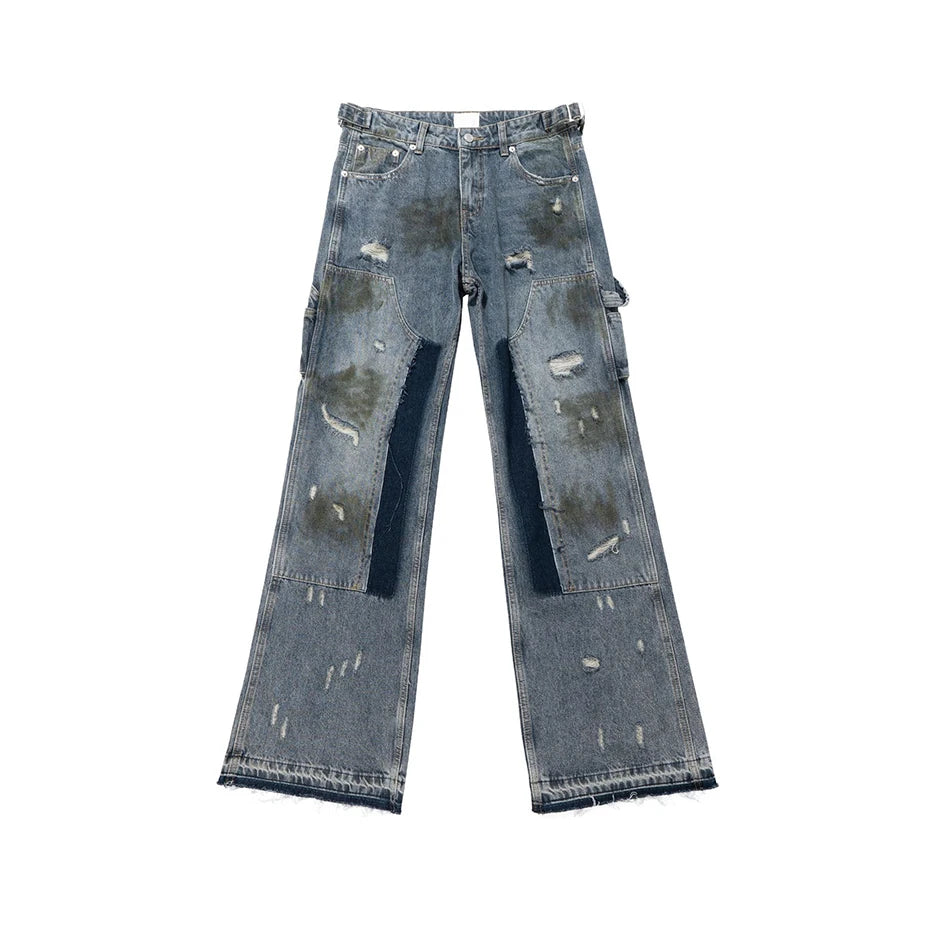 men blue ripped baggy jeans dirty printed distressed loose denim pants male luxury designer fashion jeans trousers unique jeans style 1361