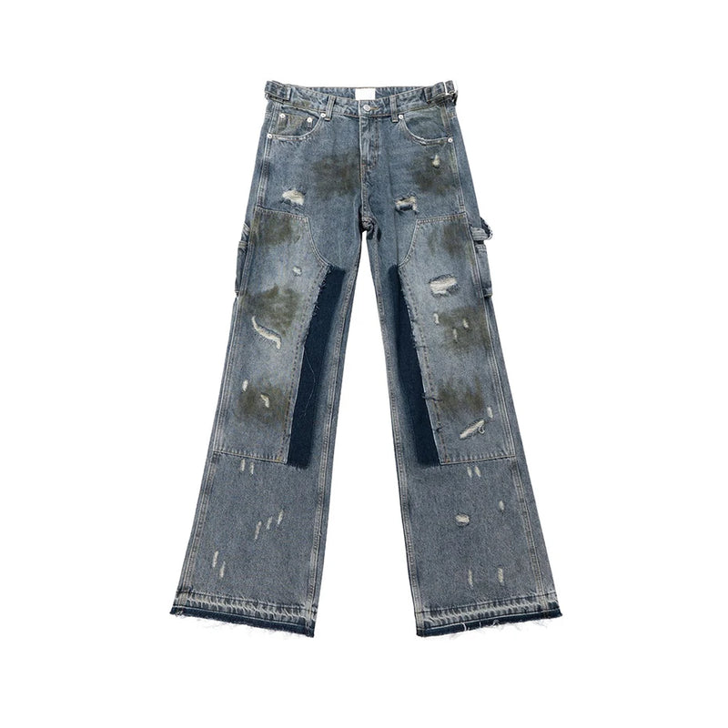 men blue ripped baggy jeans dirty printed distressed loose denim pants male luxury designer fashion jeans trousers unique jeans style 1361