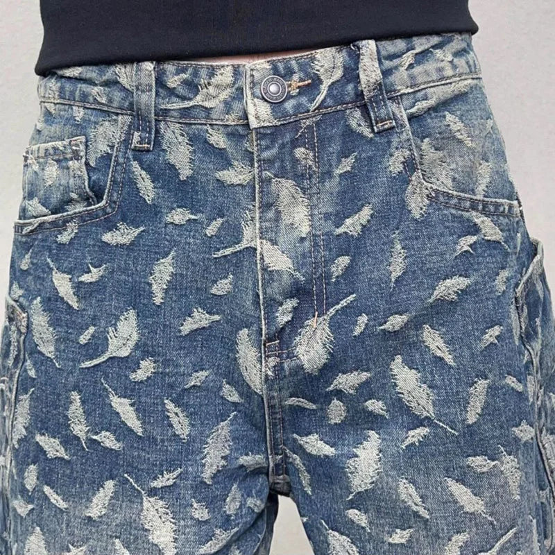 men jacquard loose casual hip hop vibe splice pocket denim baggy jeans pants man streetwear ripped jeans trousers boyfriend unique jeans style 3139