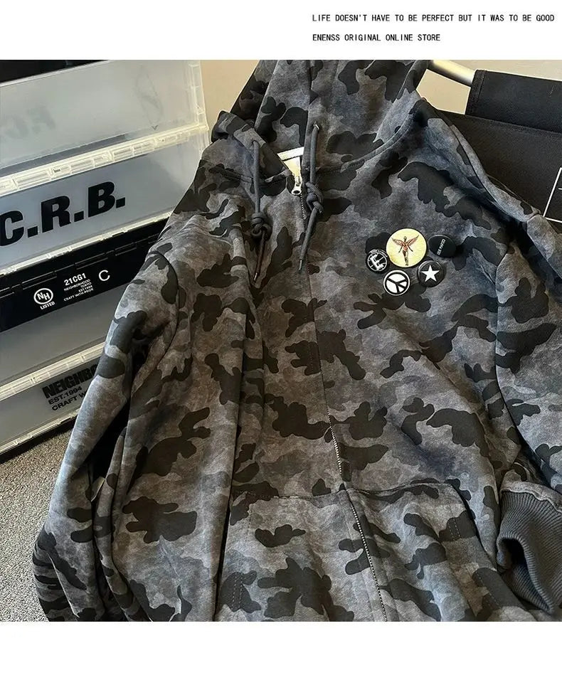 American Retro High Street Camouflage Cardigan Hooded Sweatshirt Winter Men Women Ins Fashion Brand Street Zipper Jacket Top