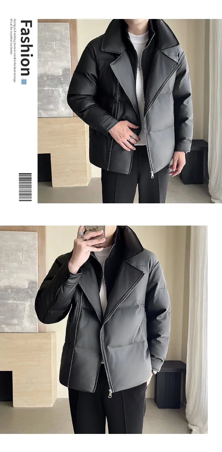 Winter Splice Collar Cotton-padded Leather Jacket Men Streetwear Fashion Loose Casual Thicken Warm Leather Parkas Coat Jacket