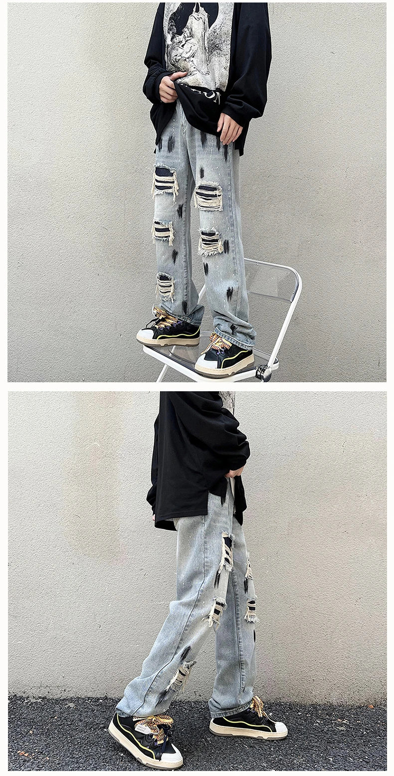 graffiti printed ripped destroied denim jean mens distressed biker jeans trousers new fashion high street straight pants joggers unique joggers style 2734