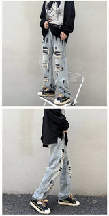 graffiti printed ripped destroied denim jean mens distressed biker jeans trousers new fashion high street straight pants joggers unique joggers style 2734