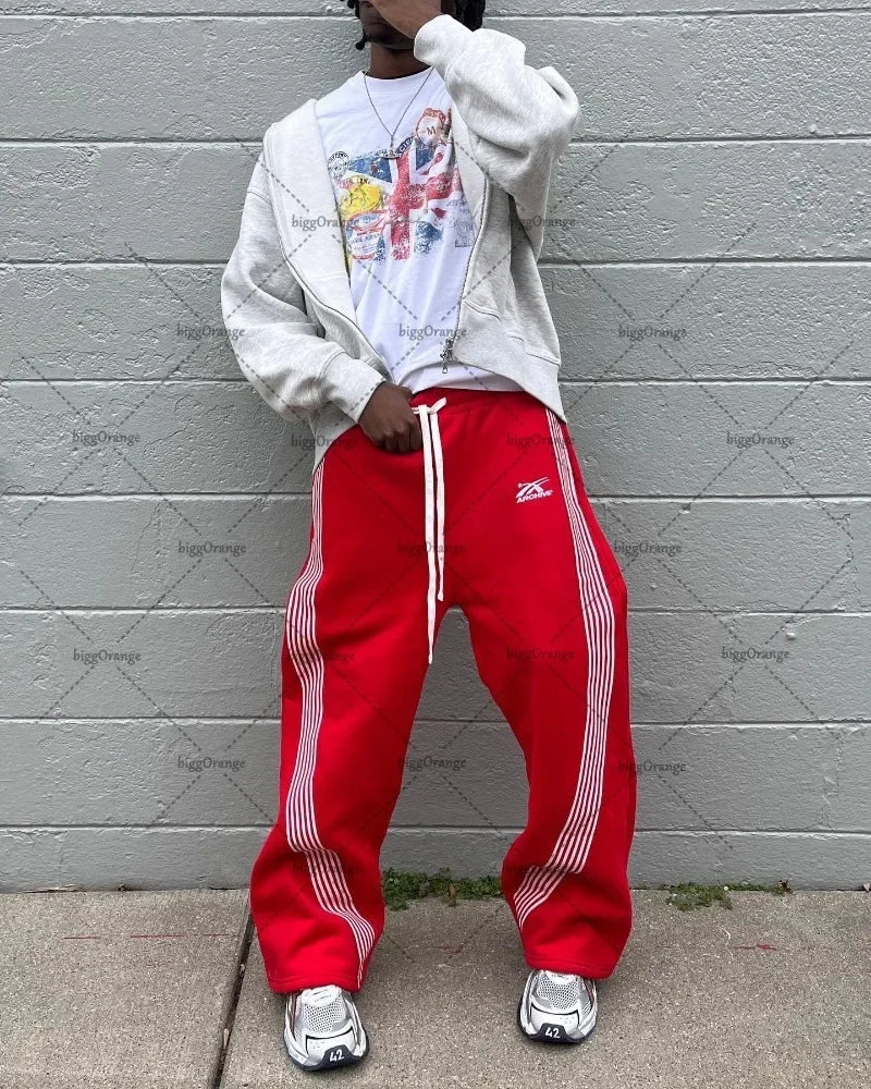 american retro classic striped sweatpants hip hop high street oversized wide leg pants men fashion trend versatile streetwear sporty tapered joggers