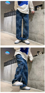 blue black plaid jeans men retro casual wide leg jeans mens streetwear loose hip hop straight denim trousers men vintage jeans unique jeans style 3932