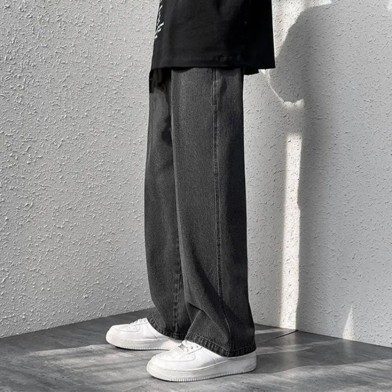 korean mens casual long jeans loose retro straight baggy pants denim wide leg pants light blue grey black retro washed jeans unique jeans style 1259