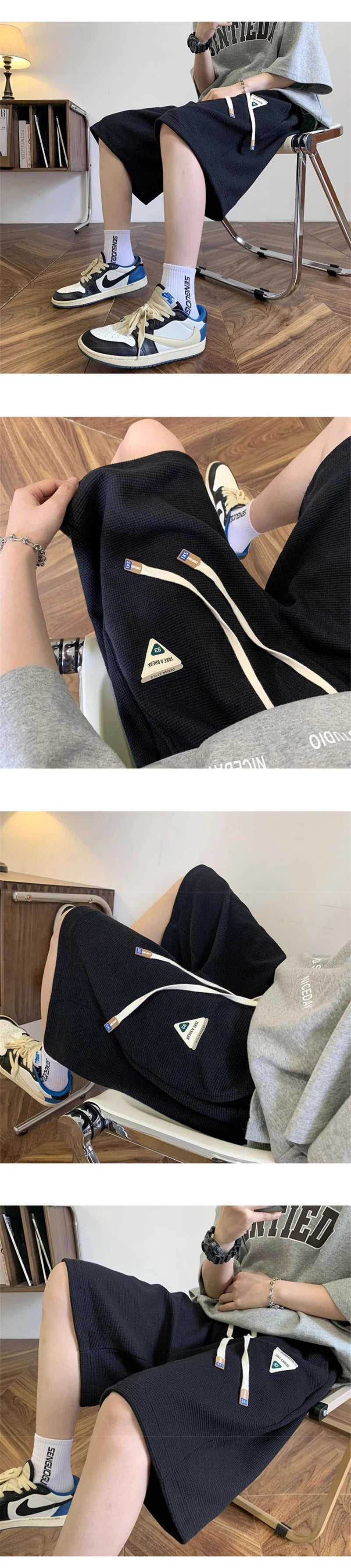 summer mens letter appliques waffle shorts baggy running wide leg casual short pants solid drawstring gym straight y2k shorts unique shorts style 3510