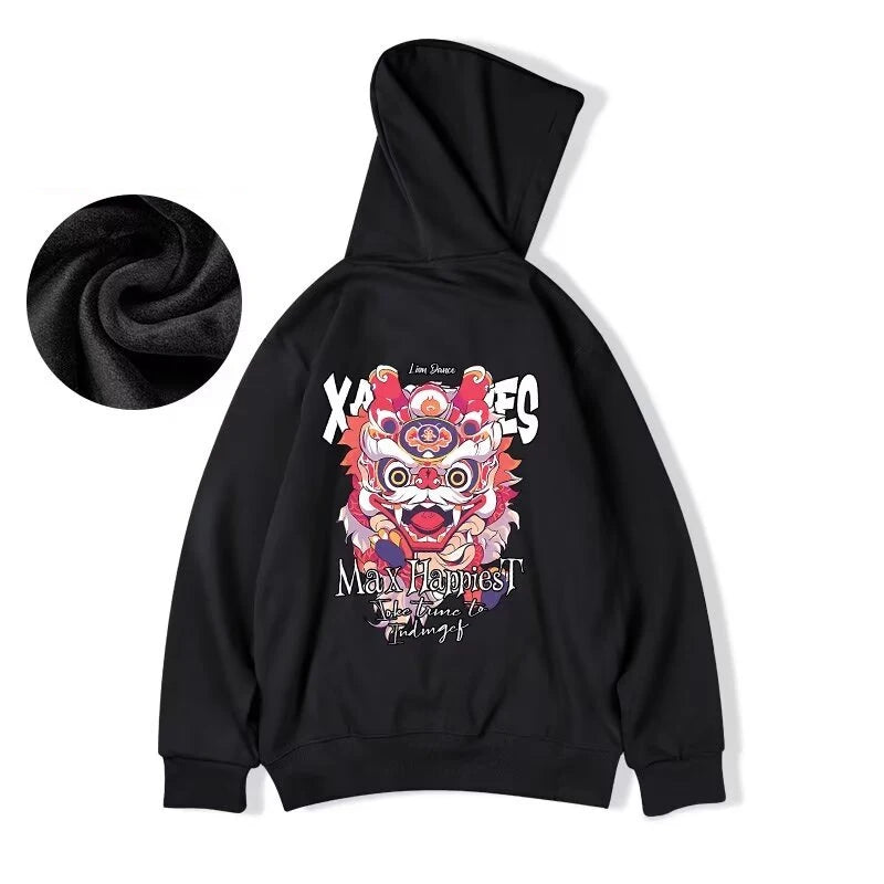 New Lion Dance Graphic Hoodies For Men Y2K Streetwear Fleece Hooded Sweatshirts