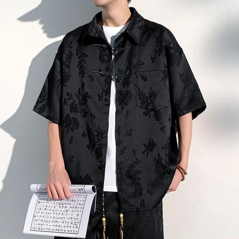 Mens Chinese Loop Buckle Jacquard Design Shirt Daily Casual Personality Versatile Loose Short-sleeve Tops Unisex 2024 Summer