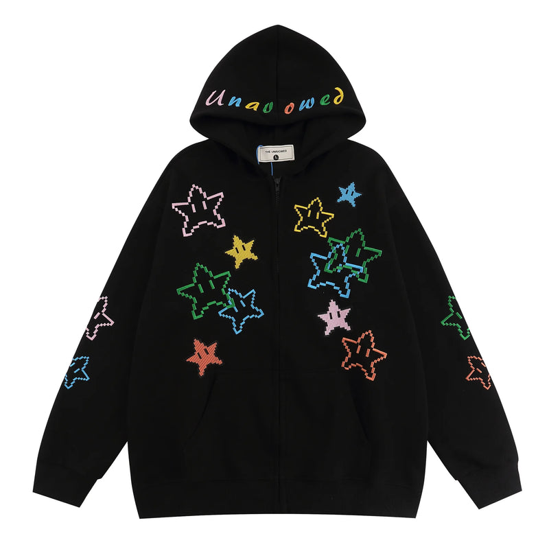 Hip Hop Zip Up Hoodie Jacket Y2K Star Embroidered Fleece Hooded Coat 2