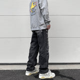 high street black washed straight jeans lowrise hip hop ripped jeans pants for men baggy vintage fashion wide denim pants women unique jeans style 5357