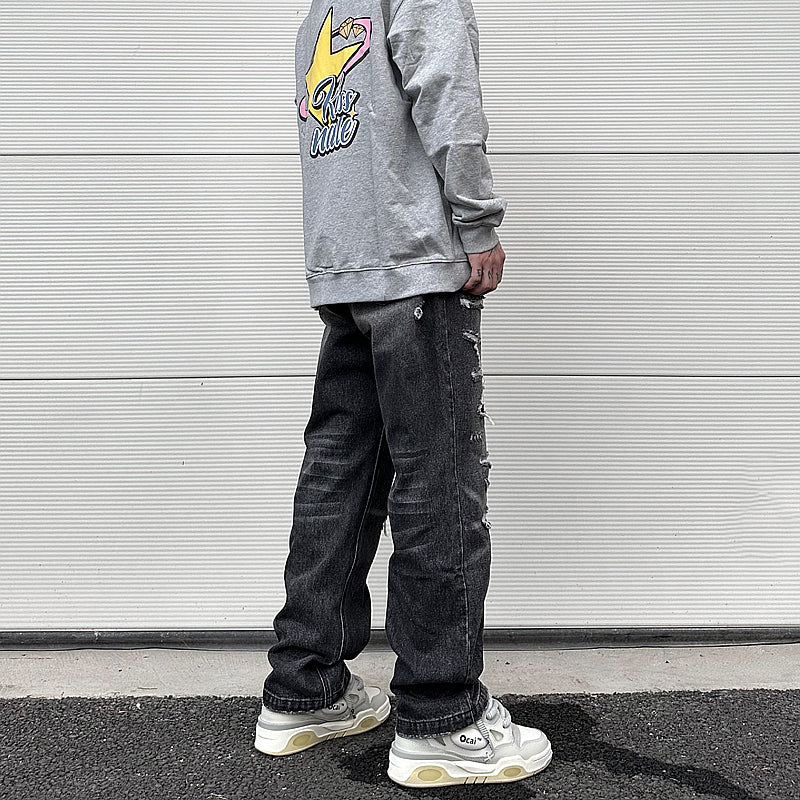 high street black washed straight jeans lowrise hip hop ripped jeans pants for men baggy vintage fashion wide denim pants women unique jeans style 5357