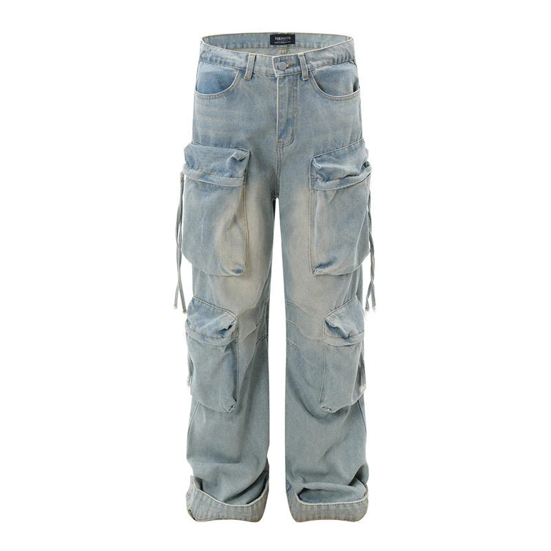 vintage multi pocket baggy jeans mens harajuku cargo denim pants retro hip hop straight loose jean pants men clothing combat utility trousers