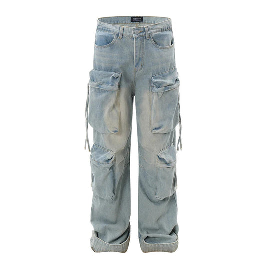 vintage multi pocket baggy jeans mens harajuku cargo denim pants retro hip hop straight loose jean pants men clothing combat utility trousers