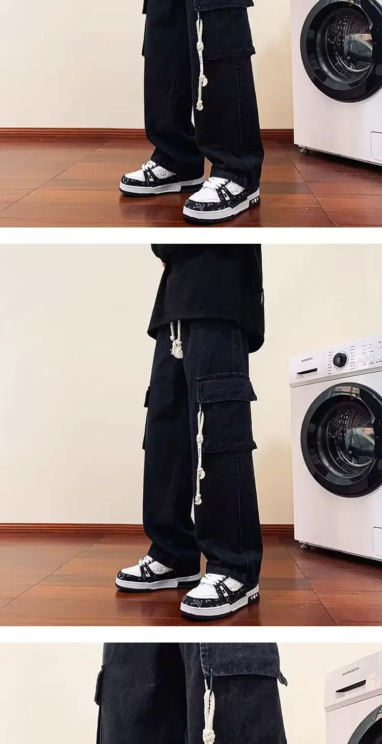 american retro and personalized straight leg jeans for men and women with hiphop big pocket design work pants loose casual pants unique jeans style 772