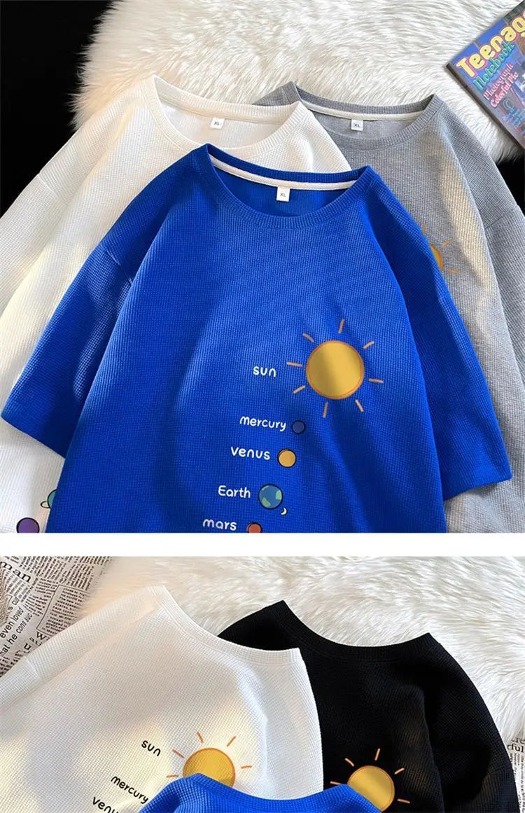 Trapwear Aesthetic piece – Waffle Short Sleeved T Shirt Mens Summer Trendy Casual Loose