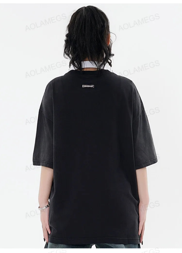 Gothic Vintage print – Men Y2K T Shirts Street Hip Hop Gradient Tshirt Retro Washed