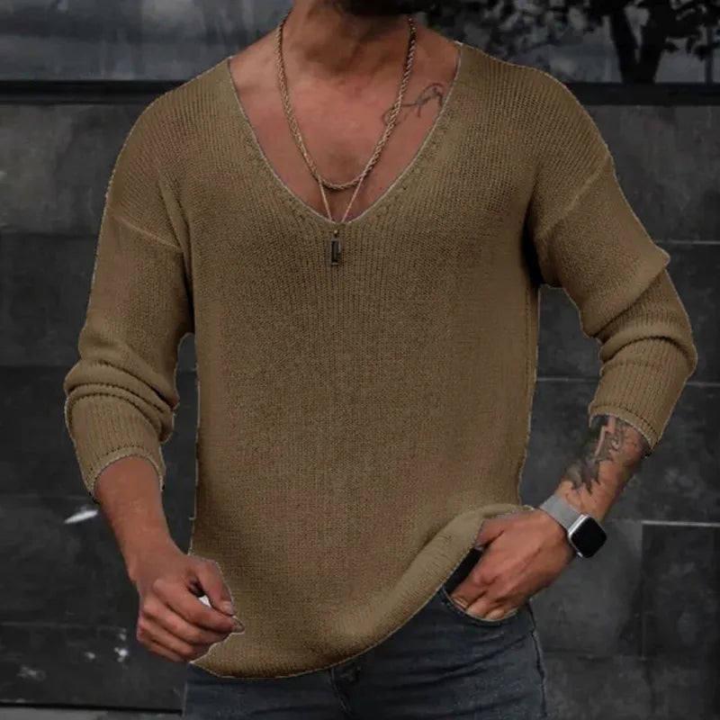 Trapwear Oversized shirt – Men 2024 Spring V Neck Rib Bottoming T Shirts Pullover Autum