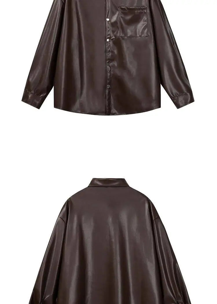 Fashion PU Jacket Shirt Men's Streetwear Oversize Loose Casual Long Sleeve Shirt Coat Plus Size Shirts Blouses for Men Clothes