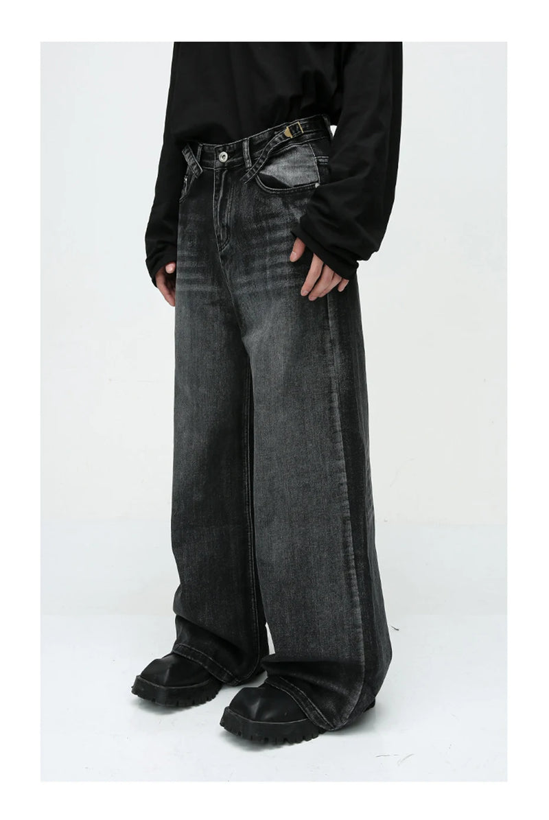mens black baggy jeans male casual loose straight jeans trousers vintage hip hop denim pants unique jeans style 175