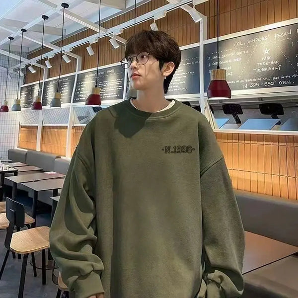 Trendy Korean Imitation Suede Round Neck Sweatshirt Men in Autumn and Winter Ins Trendy Style American Loose Couple Jacket Top