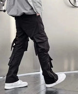 high street multi pockets tooling pants men army green cargo pants hip hop mopping trousers with band unique cargo style 206
