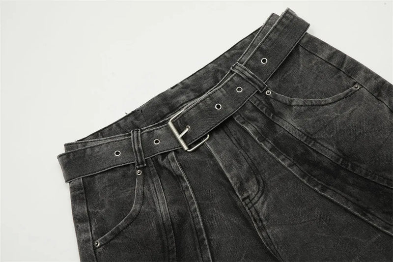 american high street vibe fashion splice jeans mens belt loose casual vintage wide leg straight denim baggy jeans pants trouser unique jeans style 1451