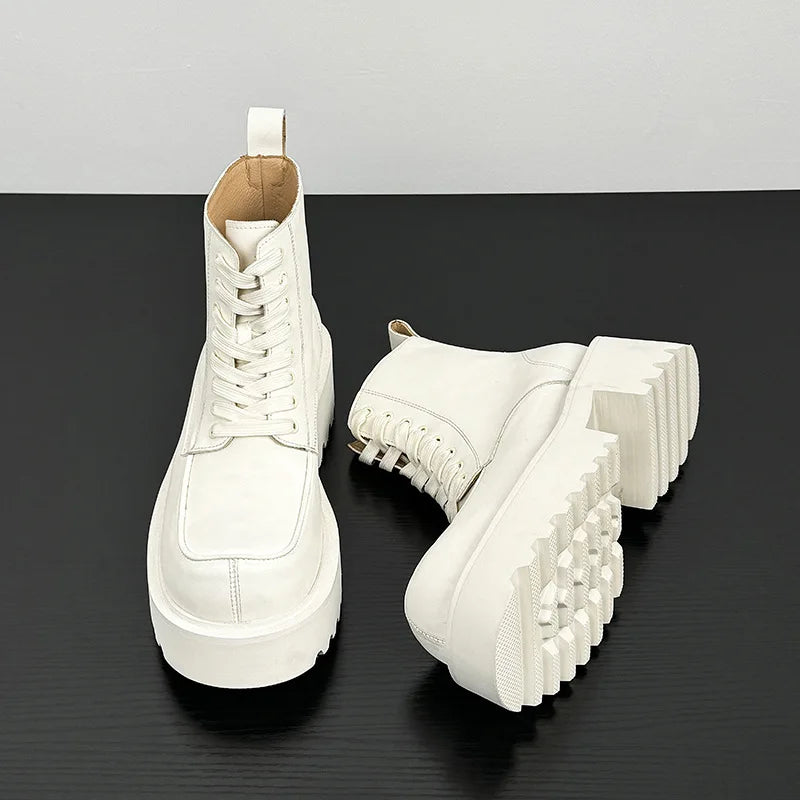 Men's Genuine Leather High Sole Platform Streetwear Fashion Casual Increase Boots Male Punk Gothic Rock Motorcycle Boots Shoes