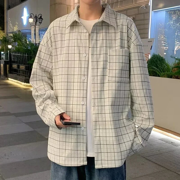 Gothic Casual Zip Shirt Jacket – Autumn Long Sleeve Corduroy Plaid Shirt Mens High Street Retro Casual Social Blouses Korean Fashion Loose Y2K Tee Shirts | Street Shirt Drop #27