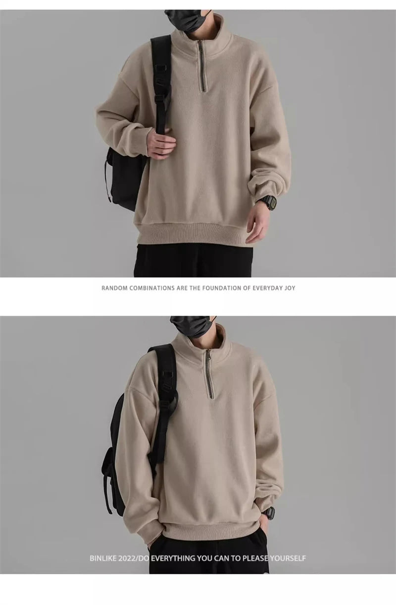 Mens Polar Fleece Half Zip Turtleneck Sweatshirts Korean Fashion Loose