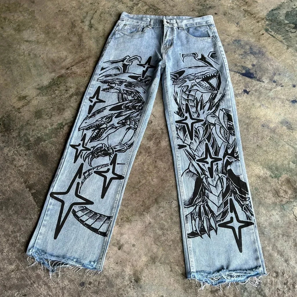 harajuku high street y2k baggy jeans punk popular print wide leg denim pants jeans streetwear trouser men clothing unique jeans style 2143