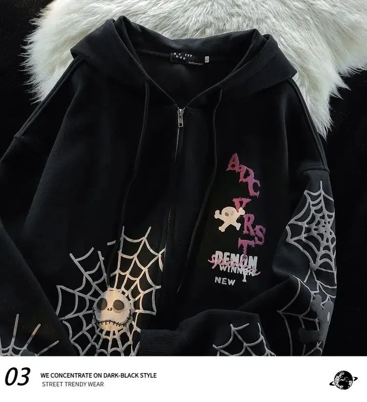 American Spider Retro Ins Printed Cardigan Hooded Sweatshirt Plus Velvet Thickened Men and Women Y2K Trendy Brand Couple Jacket