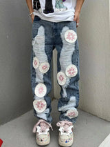 harajuku y2k stars embroidery patchwork ripped holes denim jeans casual straight jean pants mens hip hop streetwear jeans pants unique jeans style 2552