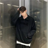 Street Half Zip Hoodie Mens Spring New Vintage Letter Embroidery Loose