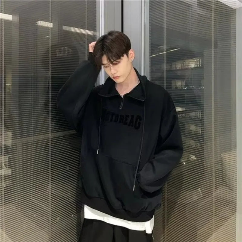 Street Half Zip Hoodie Mens Spring New Vintage Letter Embroidery Loose