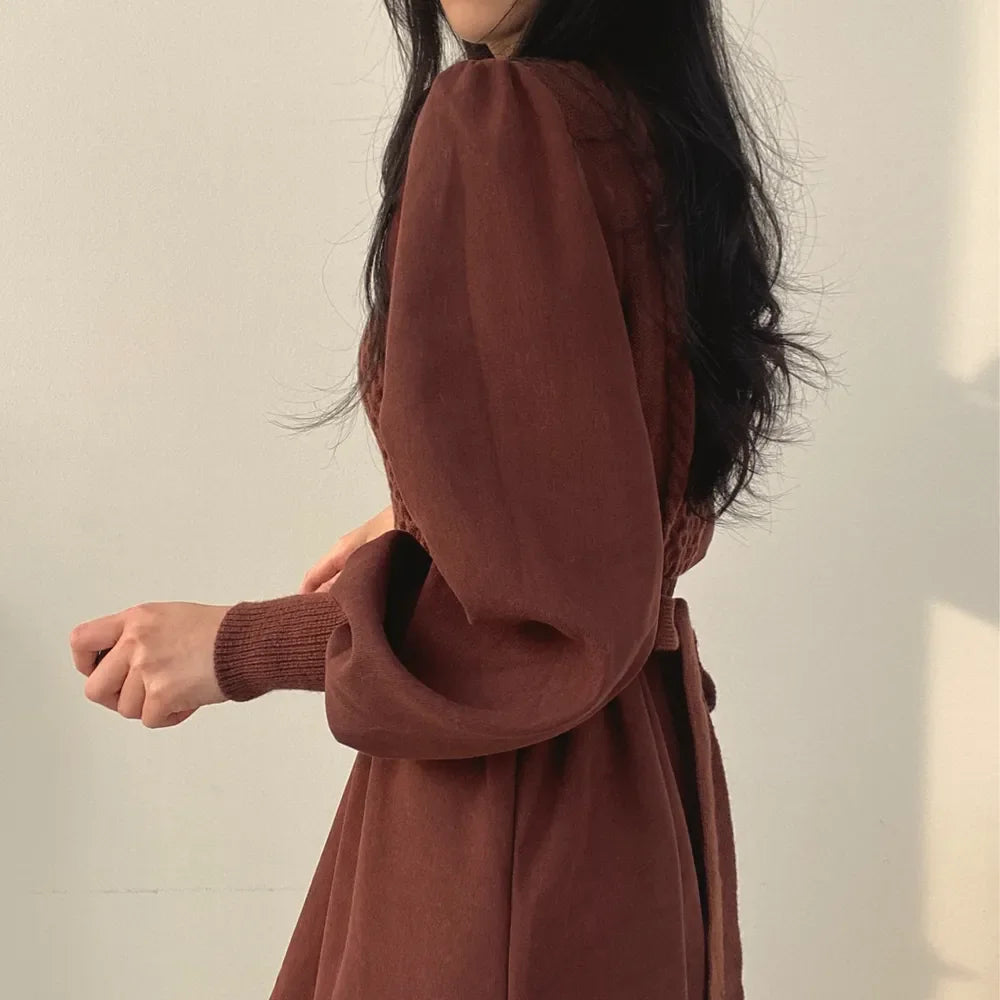 Winter Dress Long Elegant Splicing Stripes Y2k Knitted Dress Women Koean Fashion Long Sleeve Dresses Female Club Party Vestidos