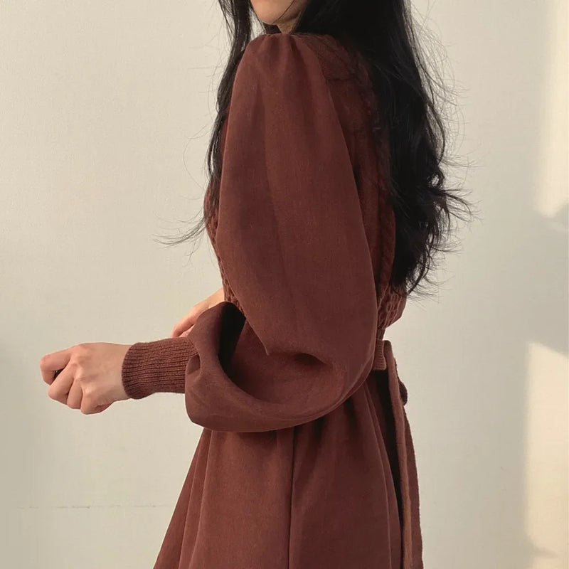 Winter Dress Long Elegant Splicing Stripes Y2k Knitted Dress Women Koean Fashion Long Sleeve Dresses Female Club Party Vestidos