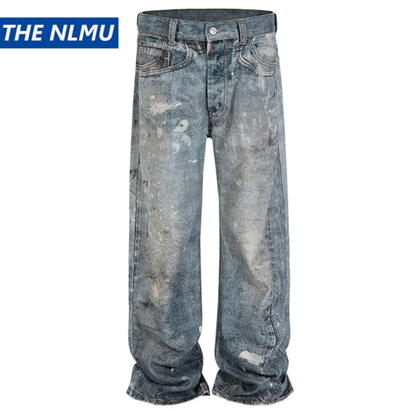 dirty tie dye baggy jeans mens streetwear hip hop loose blue denim pants hi street luxury designer jeans trousers man denim street jeans